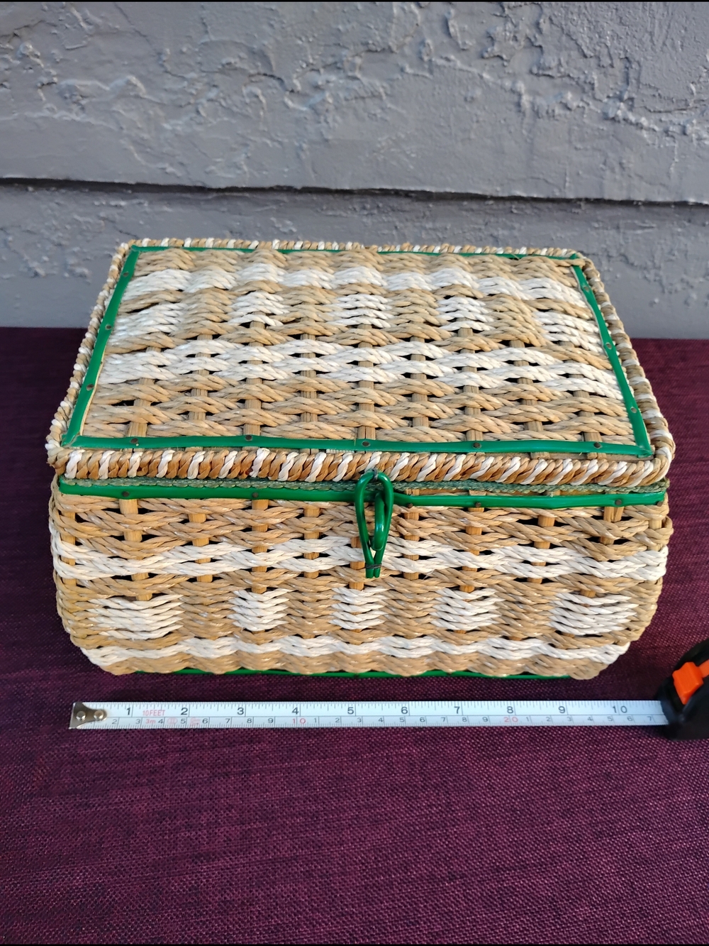 Vtg Wicker Sewing Basket Woven Beige  w/Green Lining Mid Century Made in Japan